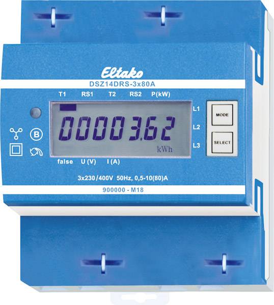 Kék Eltako márkájú áramfogyasztásmérő, DSZ14DRS-3x80A modell, 3,62 kWh energiafogyasztást mutat.