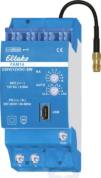 Egy kék Eltako-FAM14 eszköz 230V/12VDC-8W teljesítménnyel, USB-csatlakozóval és antennával. Konfigurációs szabályzókat és állapotjelző lámpákat mutat.