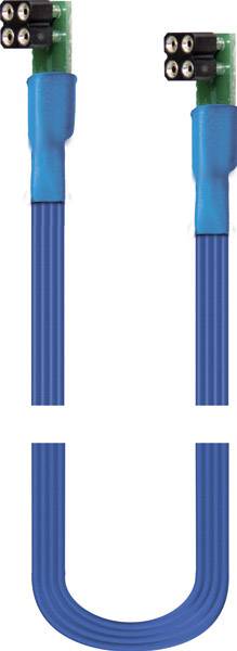 Egy kék, hajlékony szalagkábel, amely mindkét végén zöld csatlakozólapokkal van ellátva.