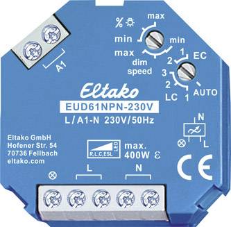 Kék Eltako fényerőszabályzó EUD61NPN-230V 230V/50Hz-hez; max. terhelés: 400W. Forgókapcsoló a minimális és maximális fényerő beállításához.