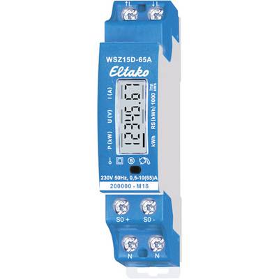 A kép egy kék Eltako típusú digitális fogyasztásmérőt mutat, konkrétan a WSZ15D-65A modellt, amely 230V, 50Hz feszültség mellett 5-10(65)A áramerősség méréséhez használható.