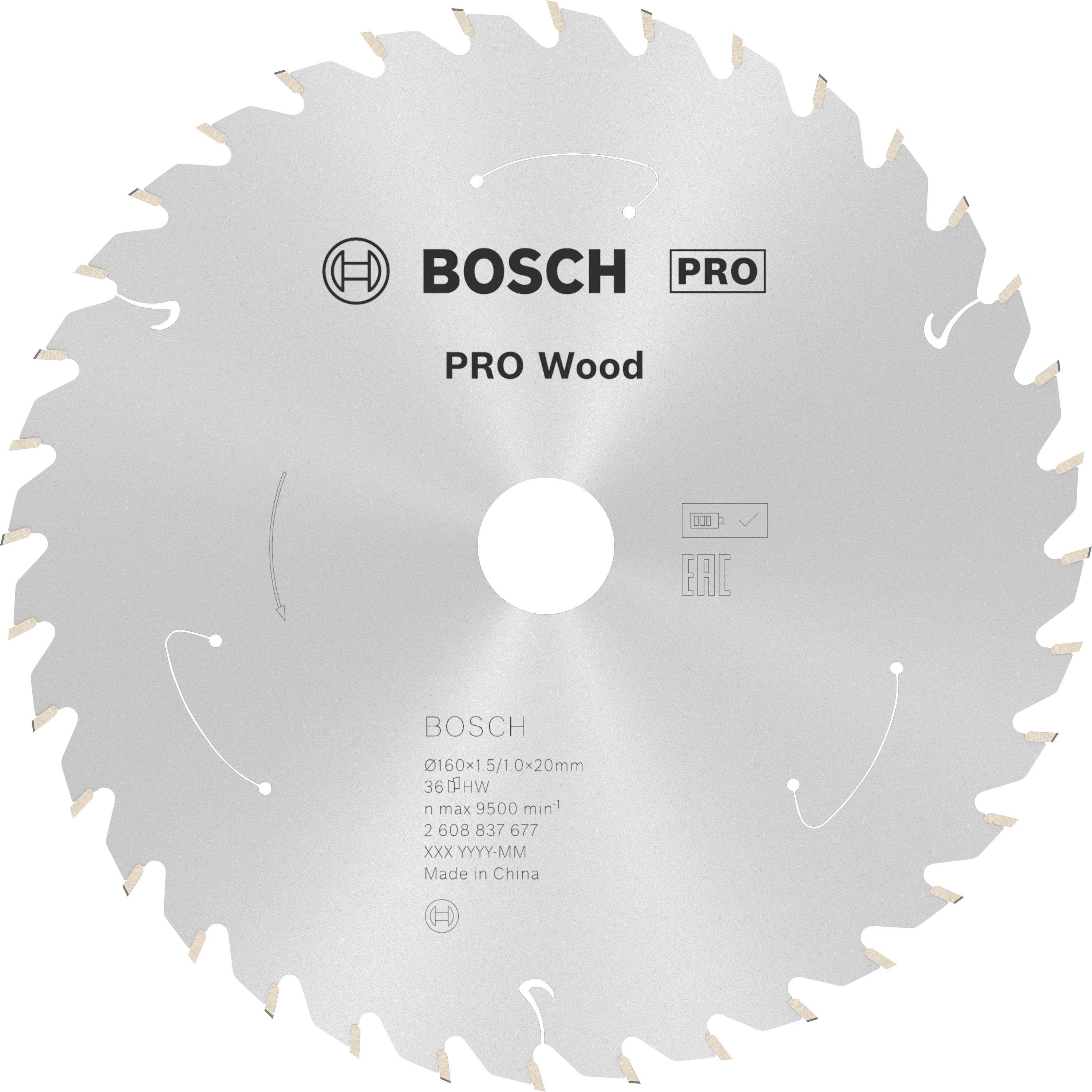 Egy Bosch PRO Wood feliratú körfűrészlap, fa megmunkálásához alkalmas. Kerek fémkorong, amelynek szélén számos fog található.