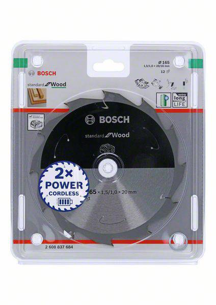 Bosch körfűrészlap fához, 165 mm átmérő, alkalmas akkumulátoros körfűrészekhez. Csomagolás termékrészletekkel és logókkal.