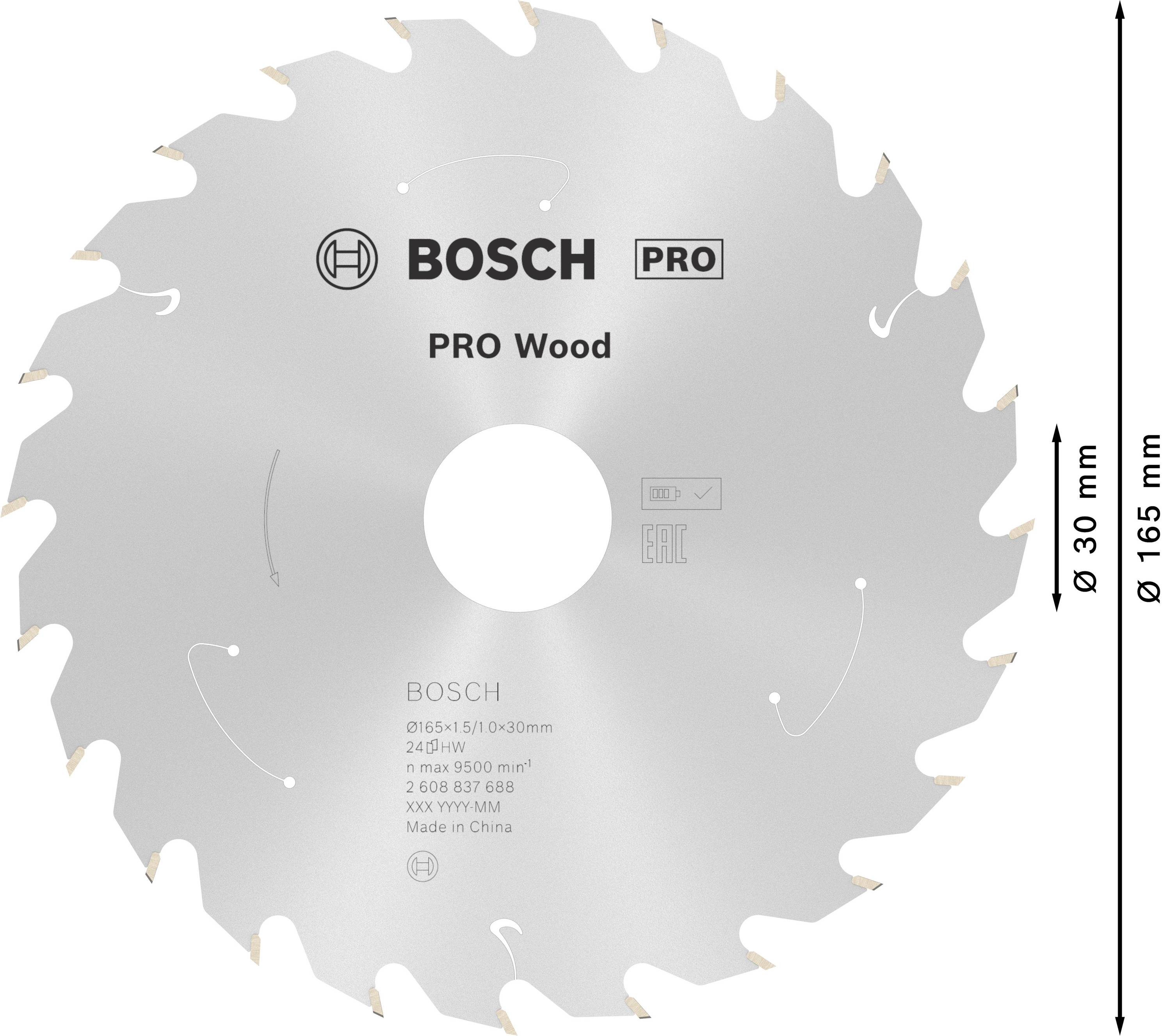Kör alakú körfűrészlap 'Bosch PRO Wood' felirattal szürke felületen, 165 mm átmérőjű, faipari munkákhoz alkalmas.