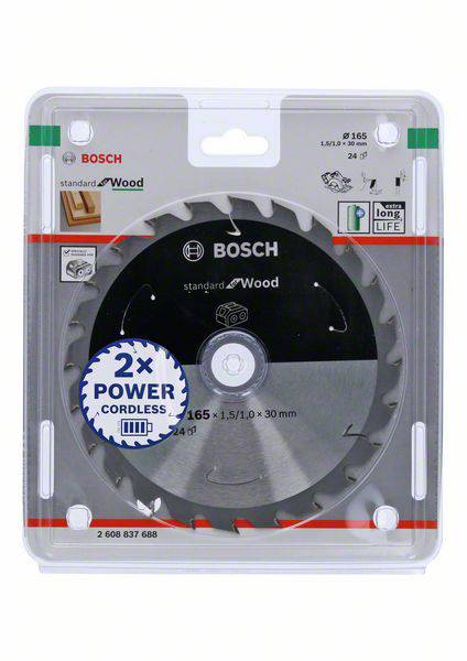 Egy Bosch körfűrészlap-csomag faipari felhasználásra, 165 mm átmérőjű, 24 fogas, tartósnak és könnyűnek hirdetve.