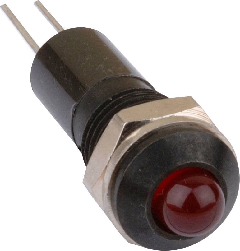 Egy piros LED-nyomógomb fémmenetes kivitelben, két fémcsatlakozóval.