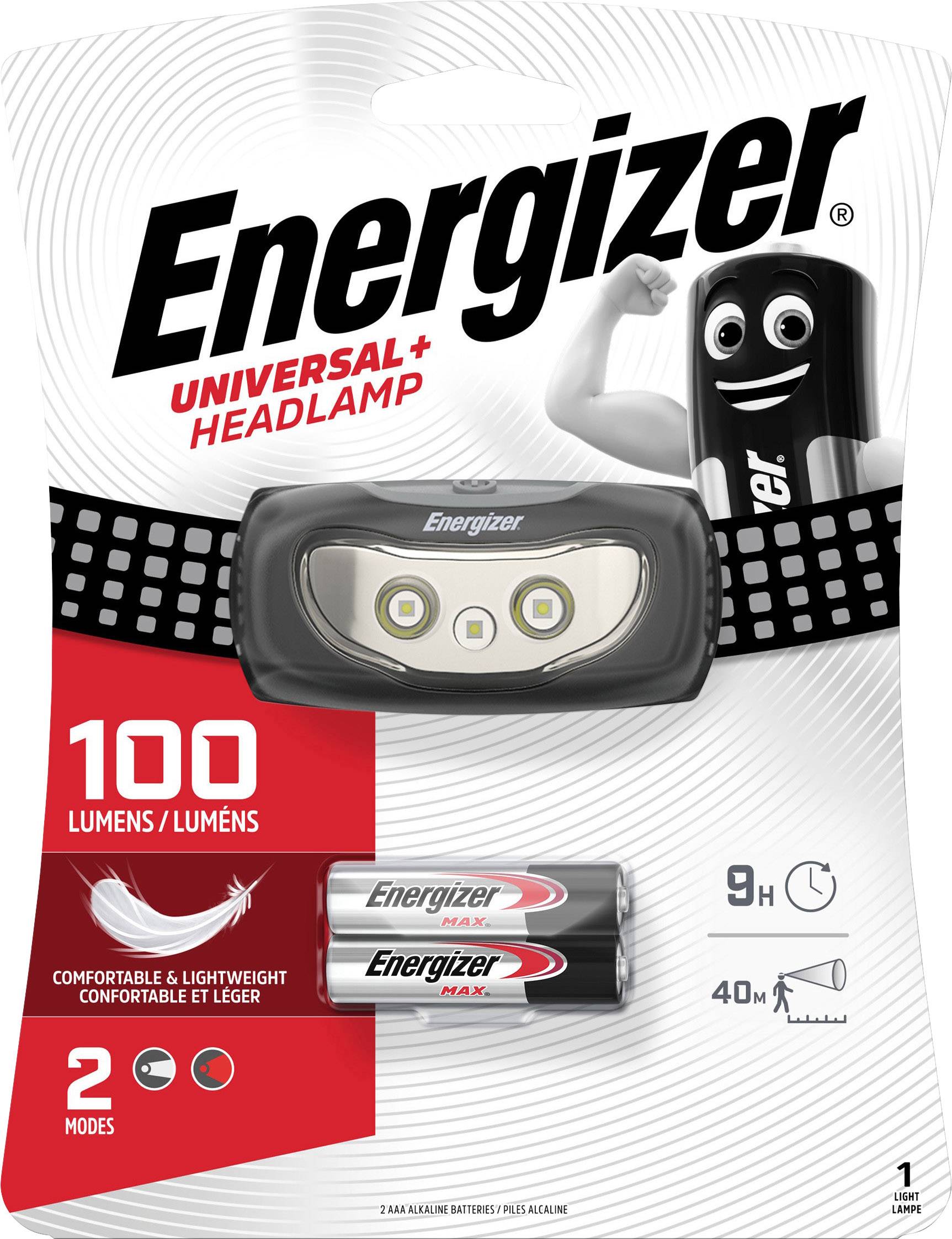 Energizer fejlámpa csomagoláson, két lámpát mutat, elemekkel, 100 lumen, 9 óra üzemidő, 40 méter hatótávolság.
