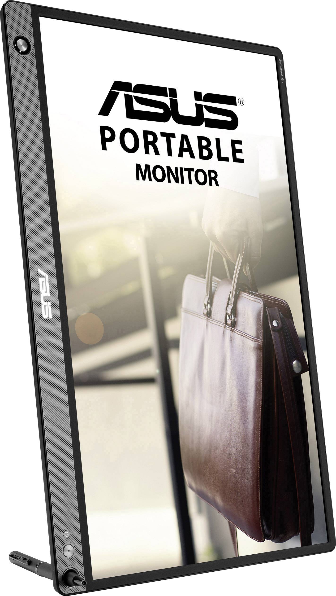 Egy hordozható ASUS-monitor áll függőlegesen. A kijelzőn egy elmosódott kép látható egy attachéval rendelkező kézről.