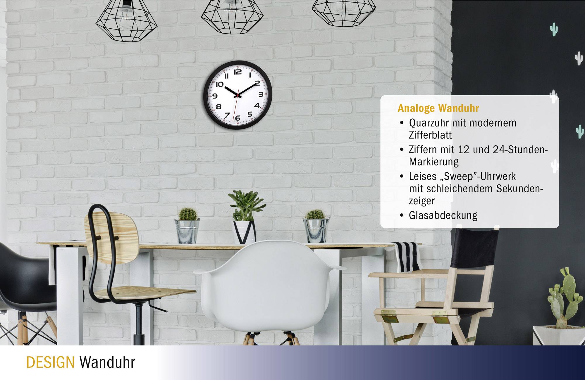 Egy modern konyha fehér téglafallal, amelyen egy analóg fali óra lóg. Az óra 10:10-et mutat. Designszékek veszik körül az asztalt.