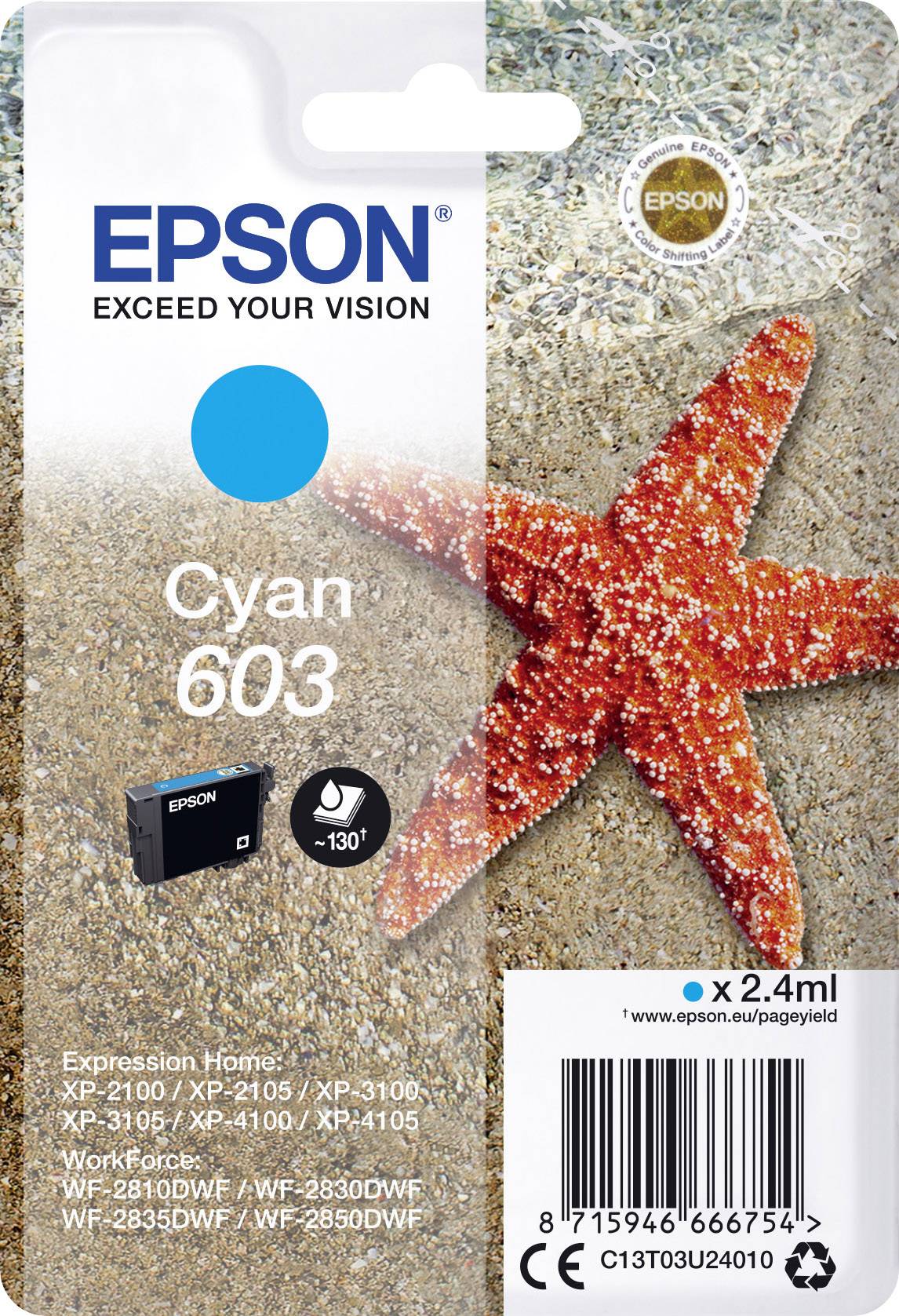 Epson Cyan 603 tintapatron csomagolása homokos háttérben, tengeri csillaggal. Kompatibilis: XP-2100, XP-2105, stb.