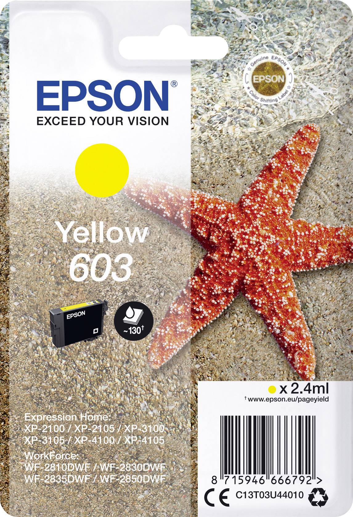 Egy sárga Epson 603 tintapatron csomagolása, amelynek hátterében egy tengeri csillag látható kavicsos tengerparton. Tartalmazza a tinta mennyiségét és a kompatibilis nyomtatómodelleket.