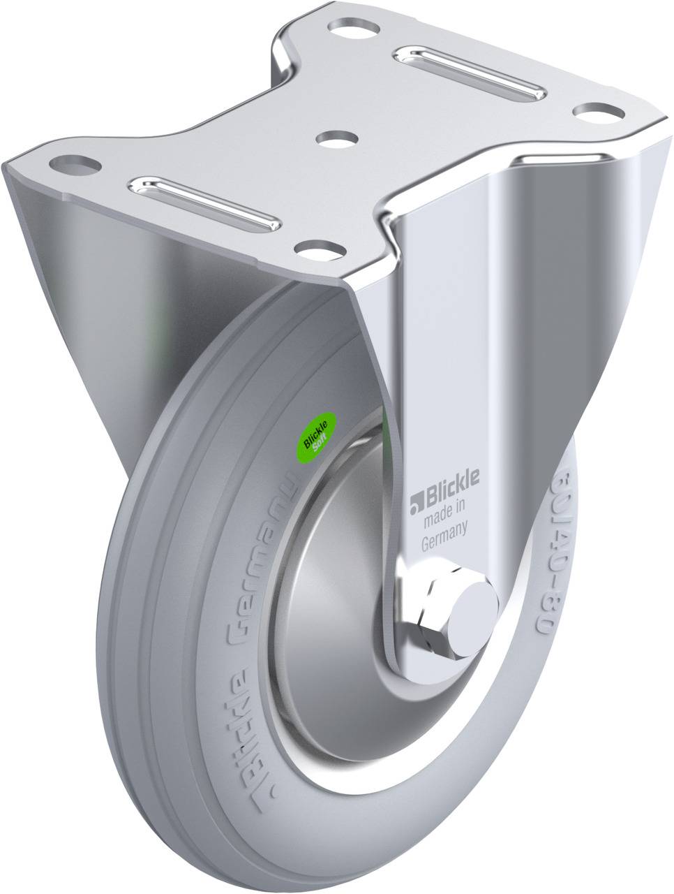 Egy szürke, fémtartóval ellátott terelőkerék, ipari felhasználásra alkalmas. 'Blickle' és 'made in Germany' felirattal ellátva.