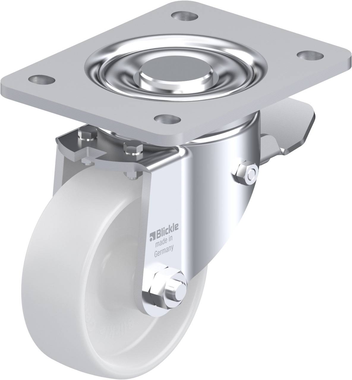 Fémes görgős kerék fehér futófelülettel, acéllemezes rögzítéssel, bútarokhoz vagy berendezésekhez, amelynek célja a mozgás megkönnyítése.