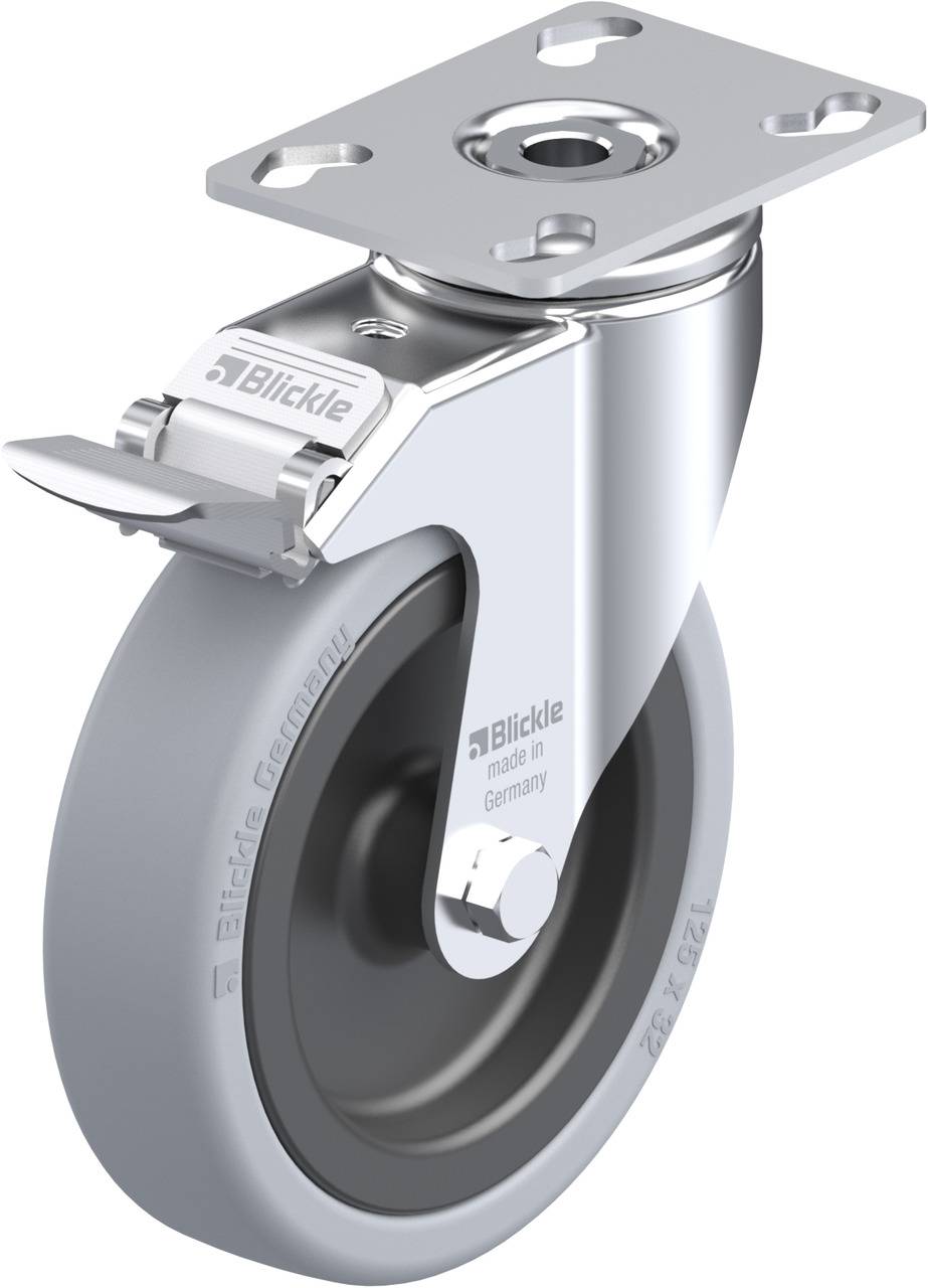 Szürke gumis forgókerék fémvillával, fékezővel a felső részén, ipari és bútoripari felhasználásra alkalmas.