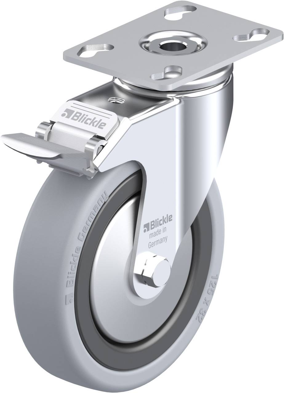 Csúszó kerék szürke kerékkel és fémlappal; mechanikus rögzítőkar; felirat: 'Blickle, made in Germany'.