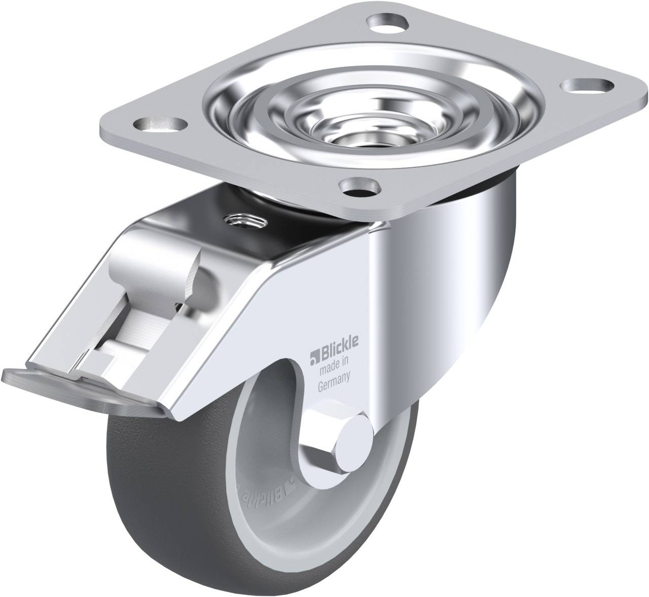 Fémből készült kormányzógörgő szürke kerékkel és rögzítőlappal, alkalmas bútorokhoz vagy berendezésekhez, mobilitást és stabilitást biztosít.