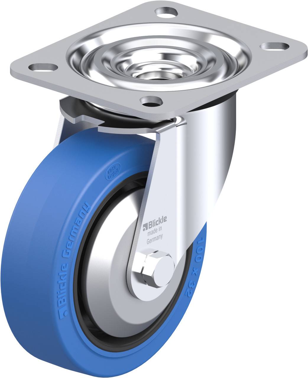Fémből készült forgókerék kék gumibevonattal, alkalmas bútorokhoz vagy szállítóeszközökhöz. Robusztus kialakítás rögzítési lehetőséggel.