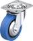 Fémből készült forgókerék kék gumibevonattal, alkalmas bútorokhoz vagy szállítóeszközökhöz. Robusztus kialakítás rögzítési lehetőséggel.