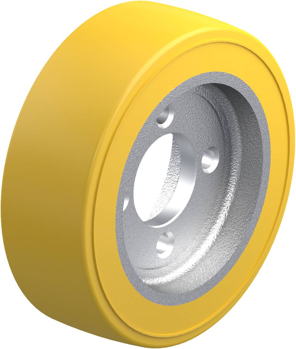 Sárga fémből és műanyagból készült kerék, amely több belső lyukkal rendelkezik, háromdimenziós nézetben ábrázolva.