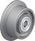 Szürke fémkerék csapággyal a közepén. Ipari alkalmazásokhoz használják.