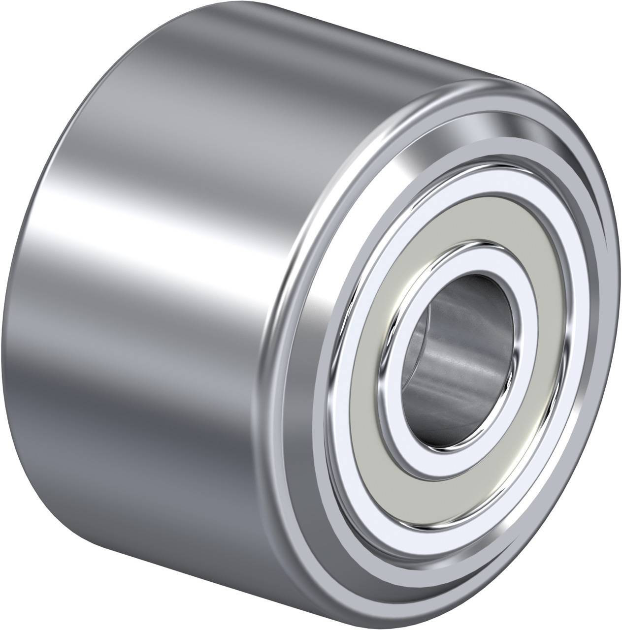 Egy ezüstszínű golyóscsapágy fényes fémfelülettel. Jellegzetes kerek formát mutat a központi nyílással.