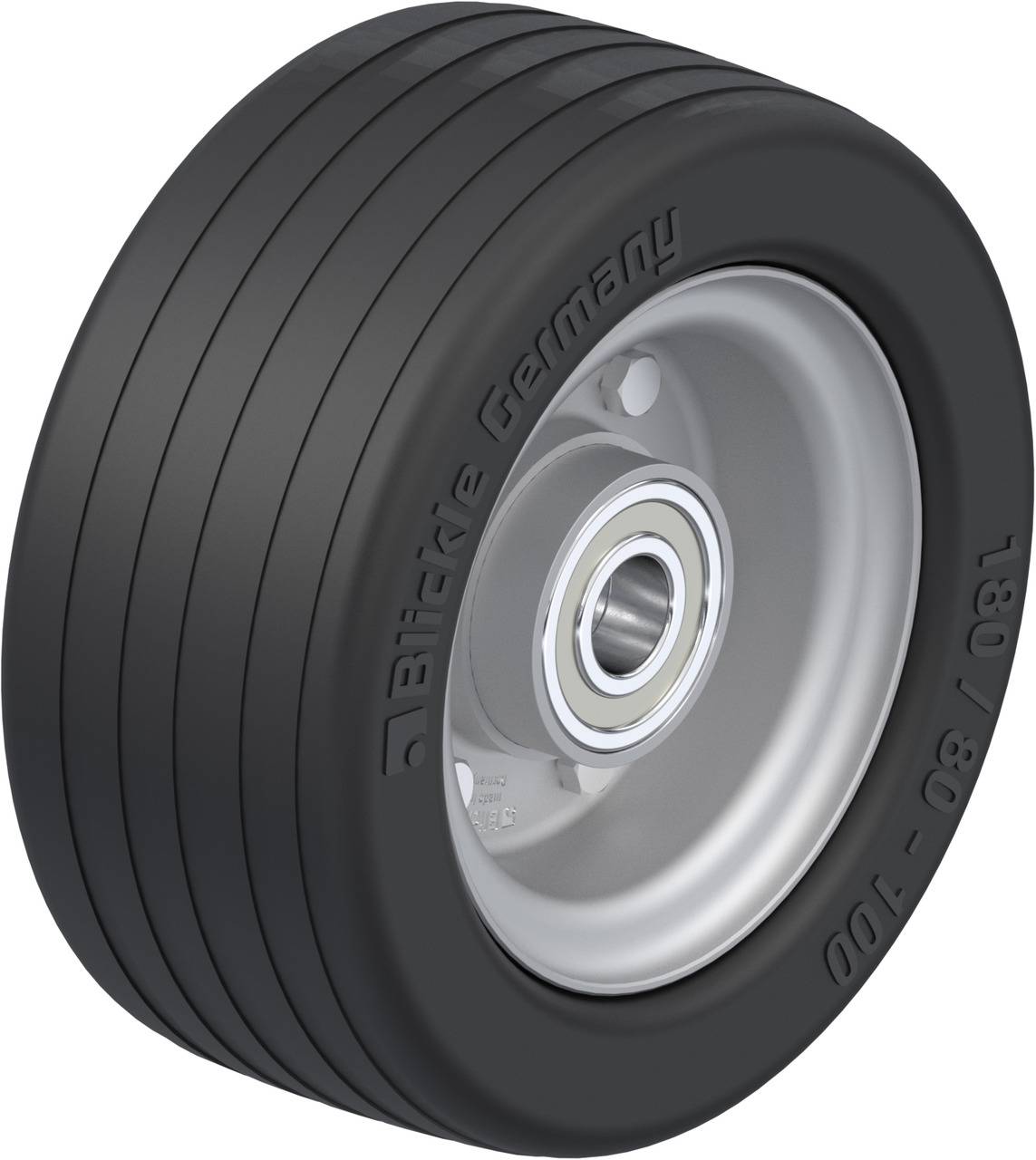 Fekete bordázott gumi, ezüst felnikre szerelve, 'Blickle Germany' felirattal és '180-80-100' méretjelzéssel.