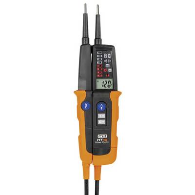 Egy digitális feszültségmérő készülék két fémheggyel és egy kijelzővel, amely 120 volt feszültséget mutat.