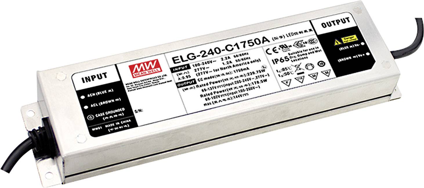 Tápegység modul bemeneti és kimeneti csatlakozókkal. Ellátva 'ELG-240-C1750A' modellszámmal és specifikációkkal.