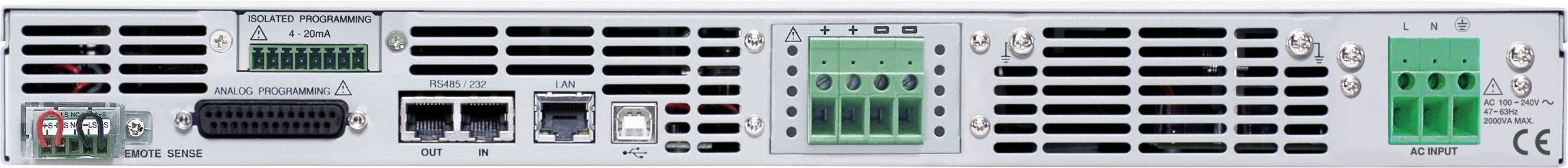 Az elektronikus eszköz hátoldala több csatlakozóval, szellőzőnyílásokkal és hálózati csatlakozással. A csatlakozók számozva vannak.