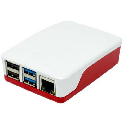 Egy kisméretű számítógép fehér és piros házban, több USB-csatlakozóval és egy Ethernet-porttal, egyszerű feladatokra alkalmas.