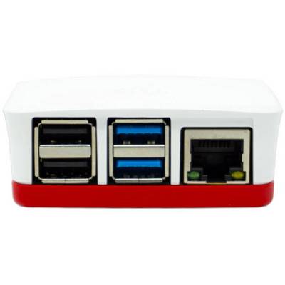 Fehér és piros házba burkolt kis számítógépes eszköz, négy USB-csatlakozóval és egy Ethernet-porttal, elölnézetben.