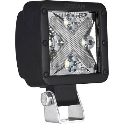 Egy négyzet alakú OSRAM LED-munkalámpa fekete házzal és négy látható lencsével, fémtartóra szerelve.