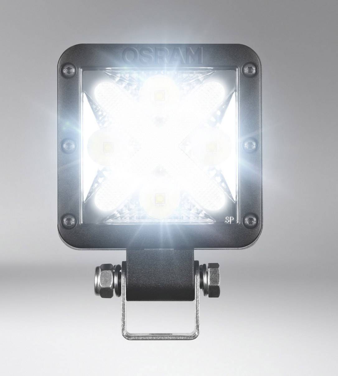 Négyzet alakú LED-munkalámpa, középen fényes X-formájú fénymintával, alkalmas munkakörnyezetben történő használatra.