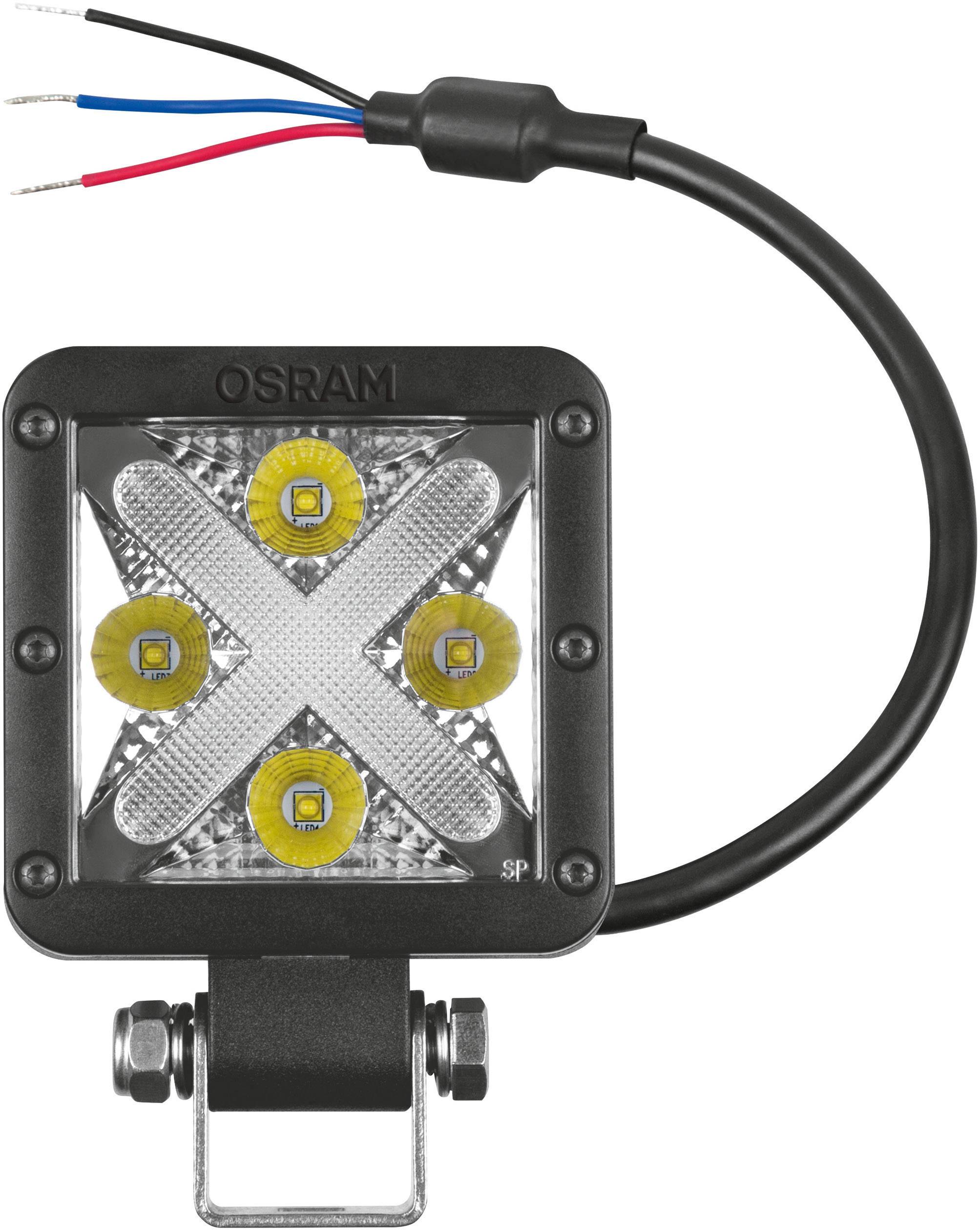 Négyzetes házban elhelyezett négy sárga LED-del rendelkező OSRAM 'Squad LED Light', látható elektromos csatlakozó kábelekkel.