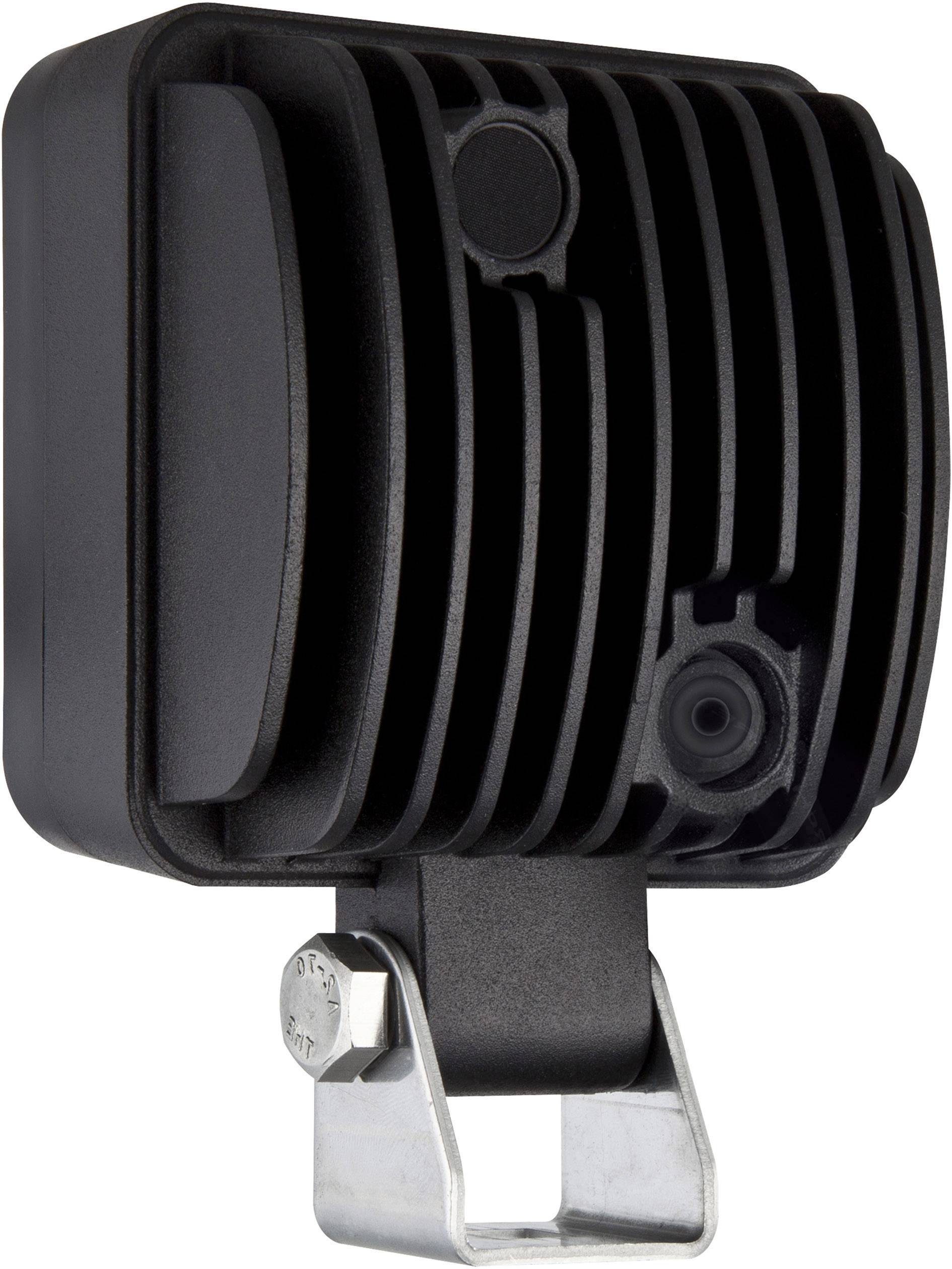 Fekete LED-munkalámpa téglalap alakban, hűtőbordákkal a hátoldalán és fémkonzollal a rögzítéshez.