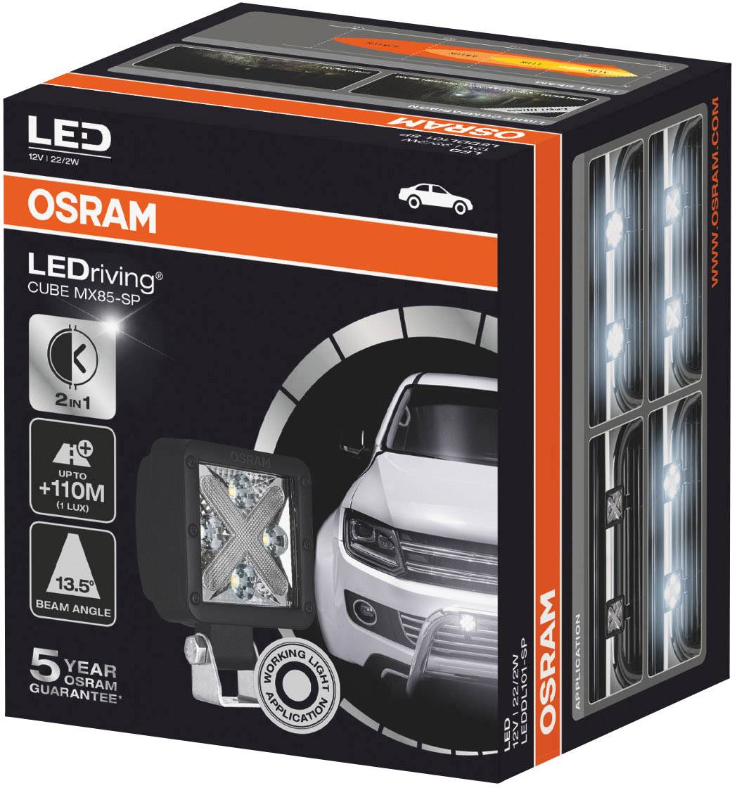 Egy Osram LED-autófényszóró csomagolása. Tartalmaz termékképet, fényszóró fénysugarának ábrázolását, és egy 5 éves garancia ígéretét.