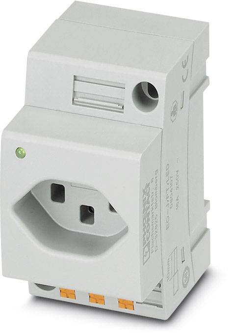 Egy szürke védőadapter dugaljhoz, DIN-sínre történő rögzítésre alkalmas. Tartalmaz egy tesztelőgombot és ellenőrző lámpát.