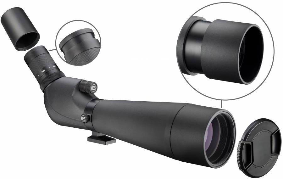 Egy fekete távcső levehető szemlencsével és objektívvédővel, közelről ábrázolva. Kiváló madármegfigyeléshez vagy természetjáráshoz.