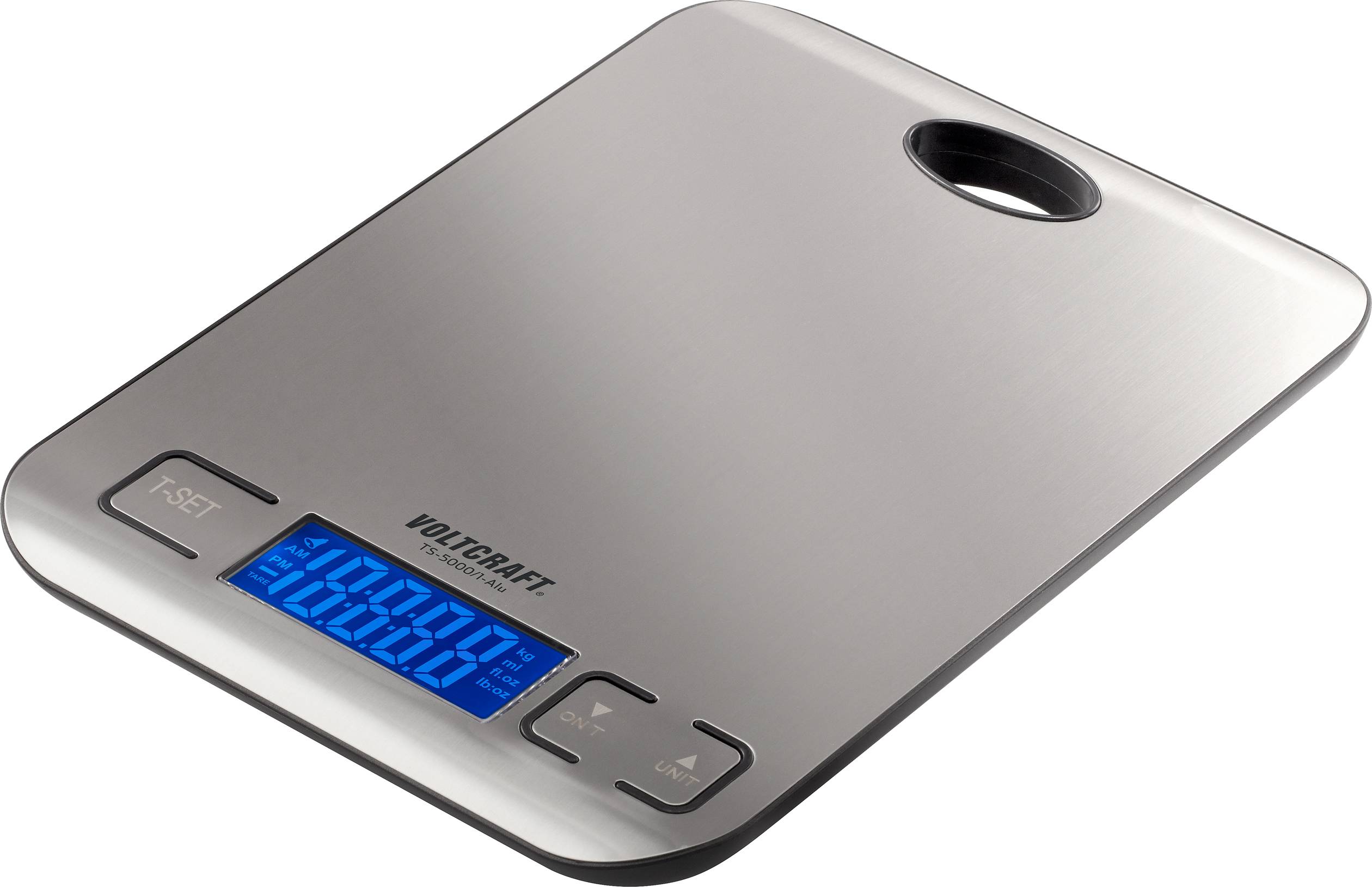 Digitális levélmérleg max. 5 kg, 1 g felbontás, elemes, nemesacél, Voltcraft TS-5000/1-Alu