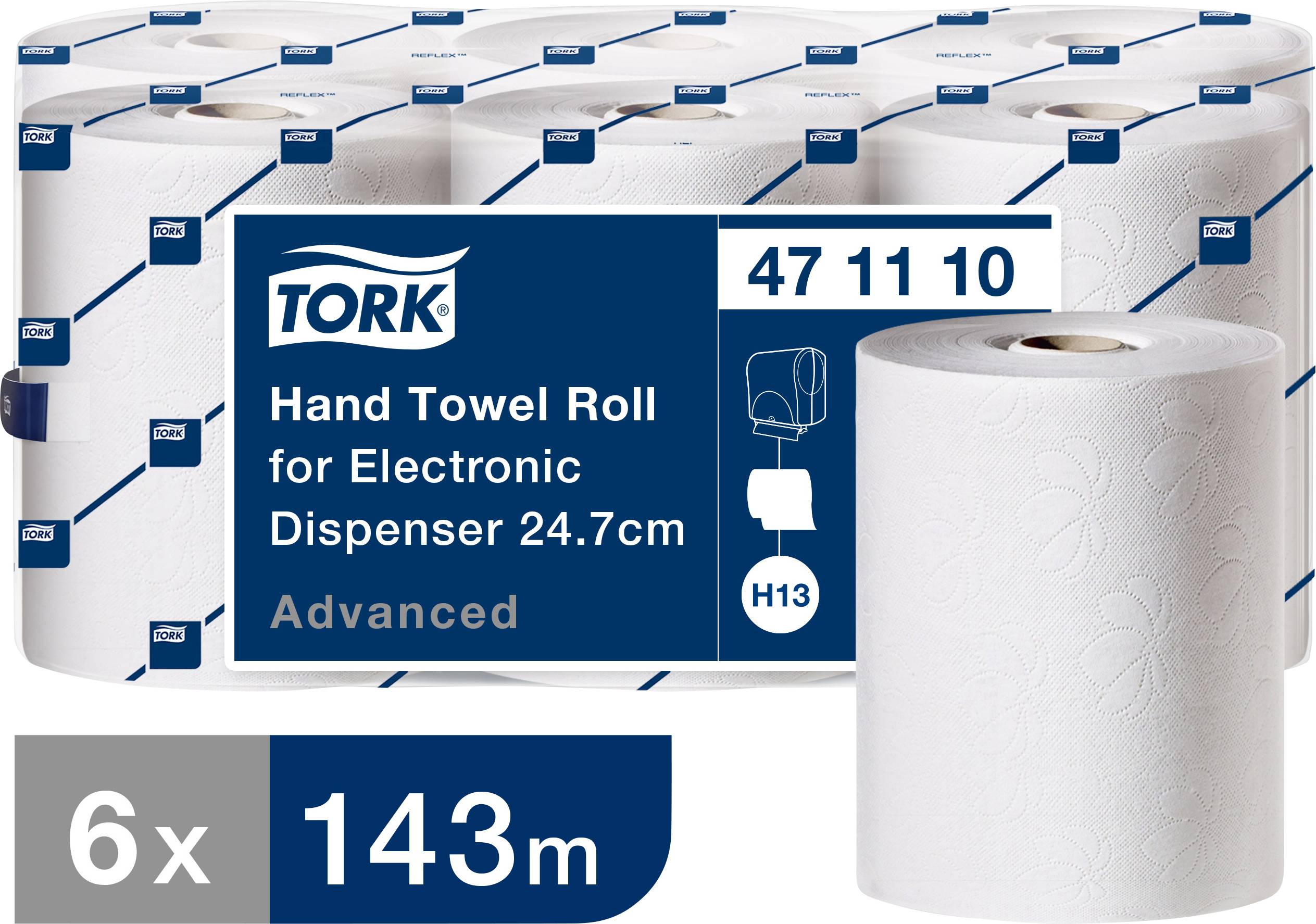 Hat tekercs Tork kéztörlő papír elektronikus adagolóhoz, tekercsenként 143 m hosszú, H13 adagolóhoz alkalmas.