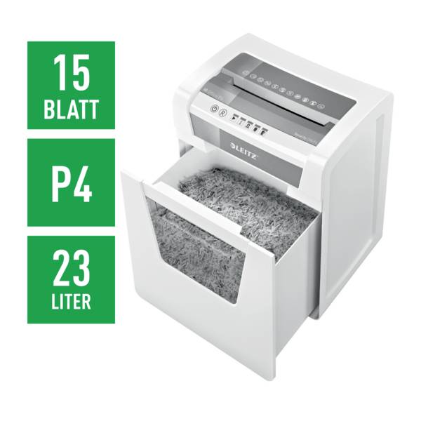 Leitz iratmegsemmisítő, nyitott papírtartály mutatja a feldarabolt papírokat. Szöveg baloldalon: '15 lap', 'P4', '23 liter'.