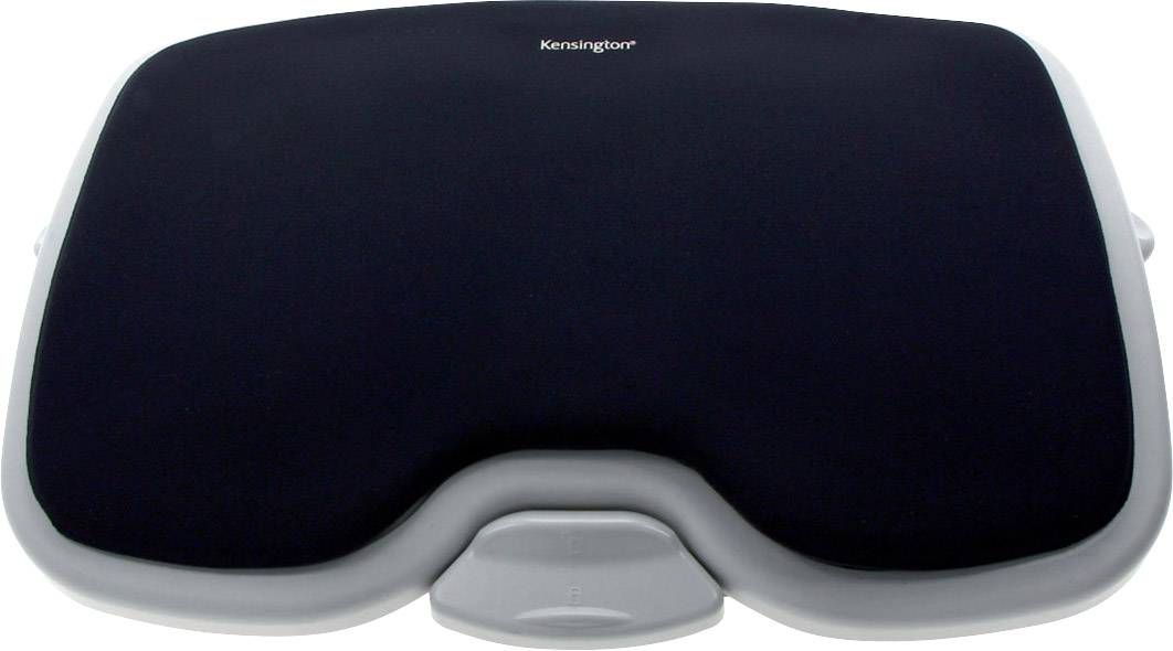 Lábtámasz puha fekete felülettel és szürke kerettel, ergonomikus kényelmet nyújtó magasított kivitelben, Kensington márka.