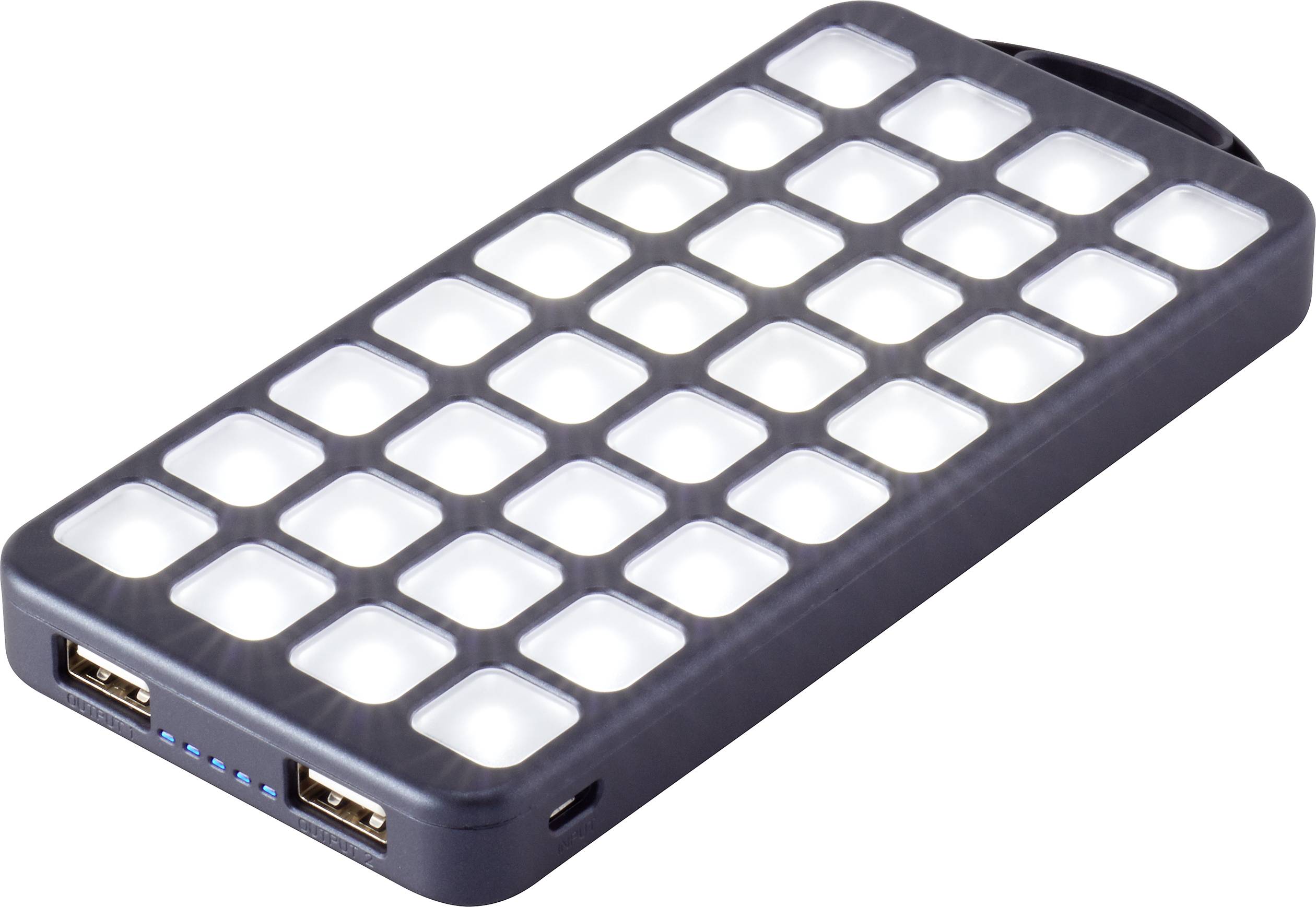 Hordozható töltő USB-csatlakozókkal és LED-lámpákkal a tetején, négyzet alakú dizájnnal.