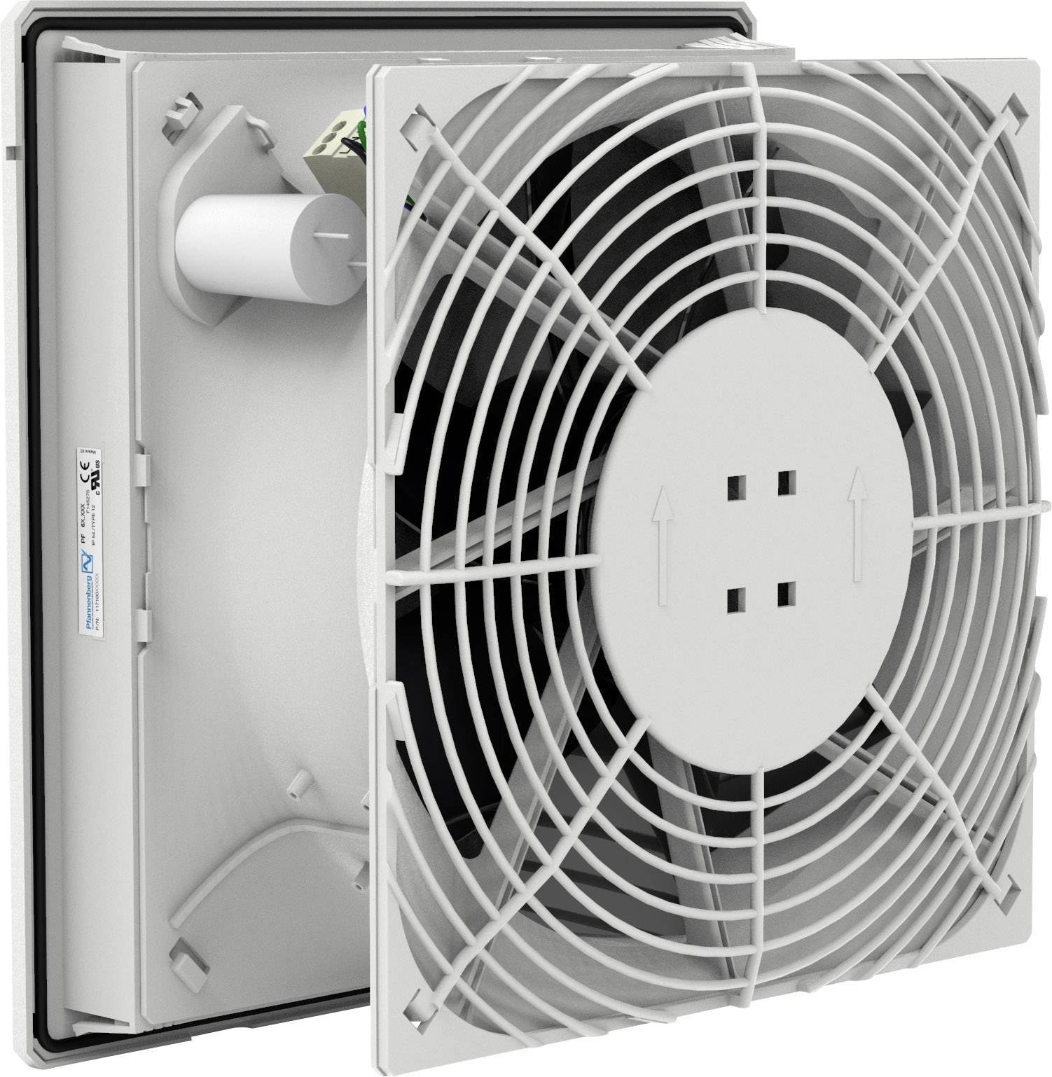 Egy szürke ventilátor kerek ráccsal, részben nyitott állapotban. Egy négyszög keretben lévő technikai komponenseket mutató hátoldal látható.