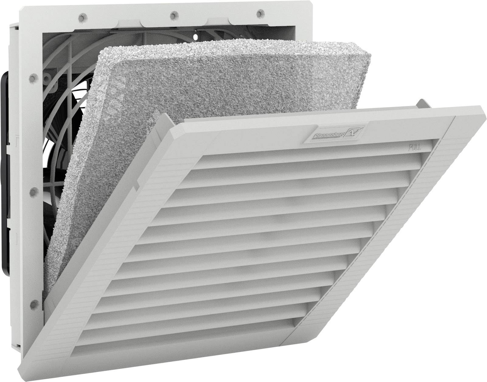 Szellőzőrács habszivacs szűrővel, részben nyitva. Bemutatja a szűrőbetétek és a ventilátorlapátok szerkezetét és elhelyezkedését.