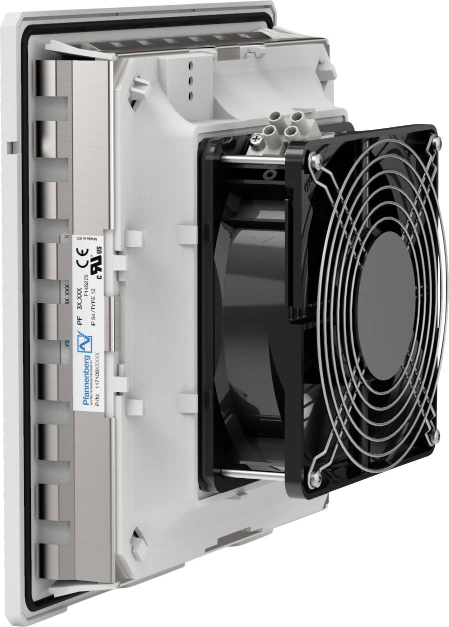 Szellőztető rendszer ventilátorral és házburkolattal, ipari alkalmazásokhoz alkalmas. A modell- és biztonsági tanúsítványok feltüntetése.