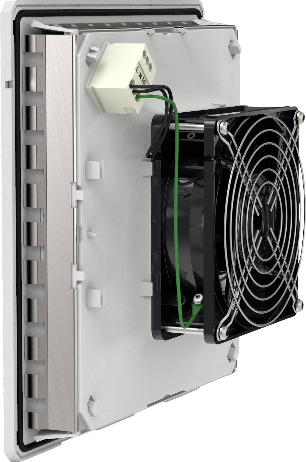 Egy nyitott házban lévő hűtőventilátor mutatja az elektromos kábelezést és a szerelési kialakítást. A ventilátor fekete, védőráccsal ellátott.