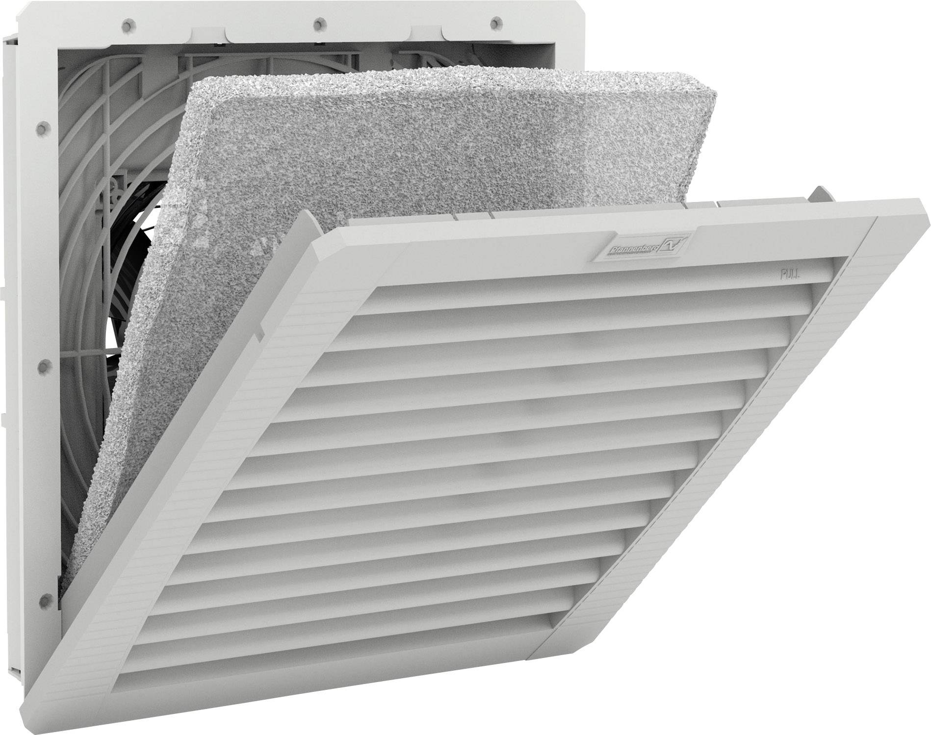 Egy téglalap alakú ventilátor nyitott ráccsal, mögötte egy könnyen eltávolítható szűrőbetéttel, amely egyszerű karbantartást tesz lehetővé.