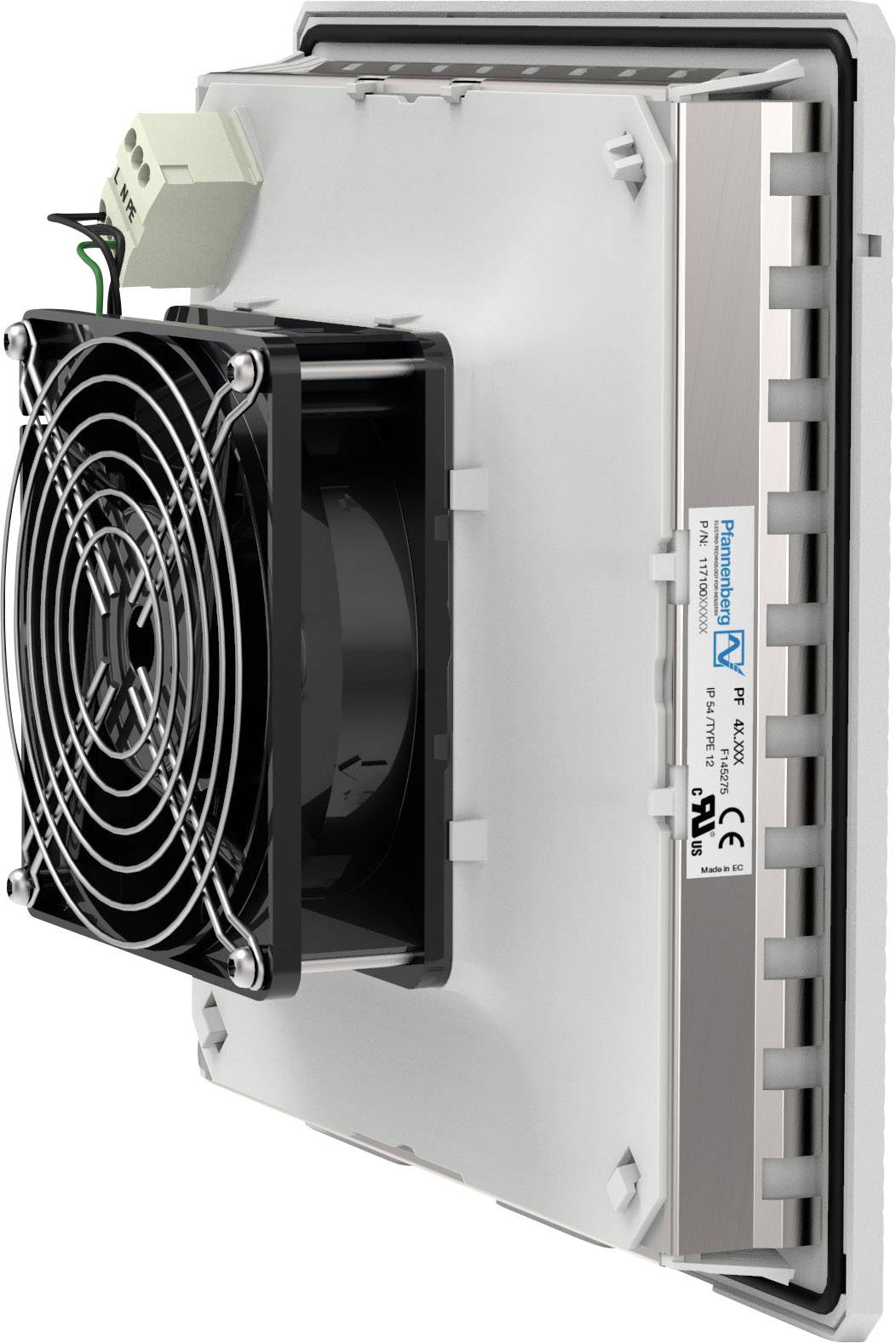 Szellőztető berendezés oldalnézetben, egy nagy ventilátorral és egy elektromos csatlakozóblokkal, egy lapos fémfelületre szerelve.