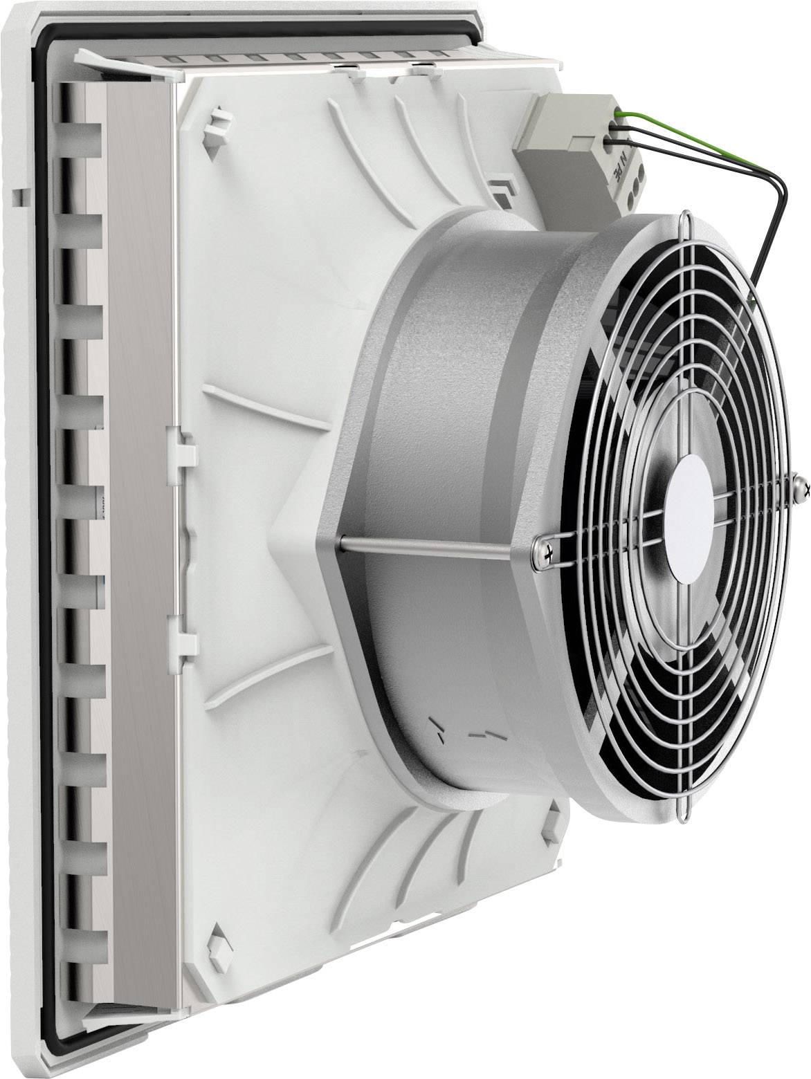 Ventilátor oldalnézetben, beépítve egy négyzet alakú házba, a kábelcsatlakozások jobbra fent láthatóak.